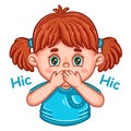 Excited girl child hiccups close mouth with hand icon. Breathing problem, nausea. Surprised shocked kid. Silence gesture. Vector