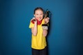 Excited girl with medals and trophy cup Royalty Free Stock Photo