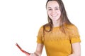 Excited girl in yellow shirt using tablet Smiling woman with tablet pc isolated on white background Royalty Free Stock Photo