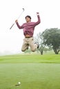 Excited golfer jumping up Royalty Free Stock Photo