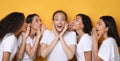 Excited Gossip Girls Whispering Secrets On Yellow Studio Background, Panorama Royalty Free Stock Photo