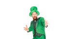 Excited handsome leprechaun in green suit and hat