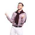Excited handsome man with arms raised in success - Isolated Royalty Free Stock Photo