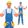 Excited handyman in hard hat and protective eyewear celebrating success with raised arms. Cartoon vector character.