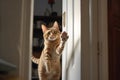 Excited and happy cat at home door entrance greeting the arrival of her master. Created with Generative AI technology.