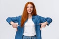 Excited, happy charismatic teenage girl with red hair, blue eyes, smiling fascinated and amused, hear good news Royalty Free Stock Photo