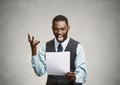 Excited happy man holding document, receiving goood news Royalty Free Stock Photo