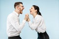 Excited happy young couple looking at camera with delight amazed by unbelievable great sale Royalty Free Stock Photo