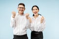 Excited happy young couple looking at camera with delight amazed by unbelievable great sale Royalty Free Stock Photo