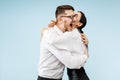 Excited happy young couple looking at camera with delight amazed by unbelievable great sale Royalty Free Stock Photo