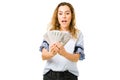 Excited hispanic woman in her 20s won the lottery Royalty Free Stock Photo