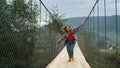 Excited hitchhiker walking mountains nature. Happy girl enjoy freedom outdoors. Royalty Free Stock Photo