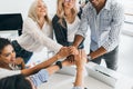 Excited international students in casual attires ready for team work. Indoor portrait of glad mulatto girl with curly Royalty Free Stock Photo