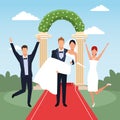 Excited just married couples over floral arch and landscape background