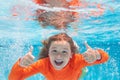 Excited kid boy with thumbs up swim and dive underwater, kid with fun in pool under water. Active healthy lifestyle Royalty Free Stock Photo