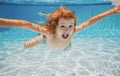 Excited kid swim underwater in pool. Child under water. Funny face portrait of child boy swimming and diving underwater Royalty Free Stock Photo