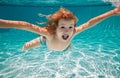 Excited kid swim underwater in pool. Child under water. Funny face portrait of child boy swimming and diving underwater Royalty Free Stock Photo