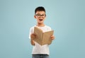 Excited little asian boy wearing eyeglasses holding and reading open book Royalty Free Stock Photo