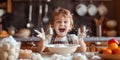 Excited Little Boy Covered In Flour, Having Fun Baking In Kitchen, Copy Space
