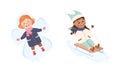 Excited Little Girl Making Star Lying on Snow and Sleighing Downhill Vector Set