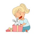 Excited Little Girl Opening Gift Box with Toy Rabbit Rejoicing at Present Vector Illustration Royalty Free Stock Photo