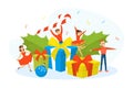Excited Male and Female Among Wrapped Gift Boxes Cheering About New Year Holiday Vector Illustration