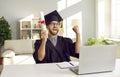 Excited student celebrate graduation from online university Royalty Free Stock Photo