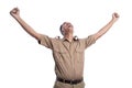 Excited male worker wearing brown uniform raised his arm