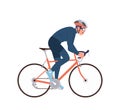 Excited man professional cyclist cartoon character wearing protective helmet riding sport bike