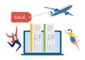 Excited man and woman jumping, airplane with sale tag, laptop showing boarding passes. Joy of cheap flights and online Royalty Free Stock Photo