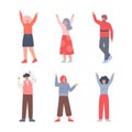 Excited Man and Woman with Raised Up Hands Cheering About Something Vector Set