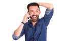Excited mature man using on cellphone and laughing Royalty Free Stock Photo