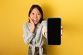 Excited millennial Asian woman showing smartphone with blank screen, offering huge online sale or promo, mockup Royalty Free Stock Photo