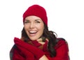 Excited Mixed Race Woman Wearing Winter Hat and Gloves Royalty Free Stock Photo