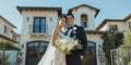 Excited Newlyweds Proudly Pose In Front Of Their Brandnew Dream Home, Copy Space Royalty Free Stock Photo