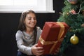 Excited about opening this present. a little girl holding a christmas present. Royalty Free Stock Photo