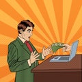 Excited Pop Art Business Man Receiving Money from Laptop Royalty Free Stock Photo