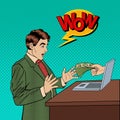 Excited Pop Art Business Man Receiving Money from Laptop Royalty Free Stock Photo