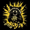 Excited raccoon with popcorn on a black background Royalty Free Stock Photo