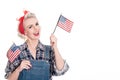 Excited retro woman withUSA flags, space for text, isolated