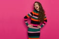 Excited Shouting Woman In Colorful Striped Dress Royalty Free Stock Photo