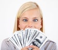 Excited, silly woman and money with dollars, investment and savings for budget with reward. Wealth, wondering and happy Royalty Free Stock Photo