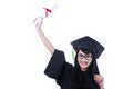 Excited student in graduation gown - isolated Royalty Free Stock Photo
