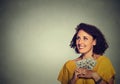 Excited successful young business woman holding money dollar bills in hand Royalty Free Stock Photo