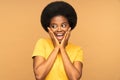 Excited surprised black girl look aside with open mouth screaming from excitement and positive shock Royalty Free Stock Photo