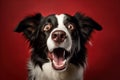 Excited surprised Border Collie dog, on bright red background.