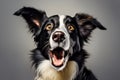 Excited surprised Border Collie dog, on grey background.