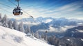 Tourists ascend snowy peak, skiing adventure unfolds via cable car.AI Generated