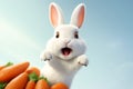 Excited white bunny in mid-jump over carrots, blue sky background. Concept of vitality, healthy eating, kids Royalty Free Stock Photo