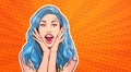 Excited Woman With Blue Hair And Open Mouth Pop Art Style On Colorful Retro Background